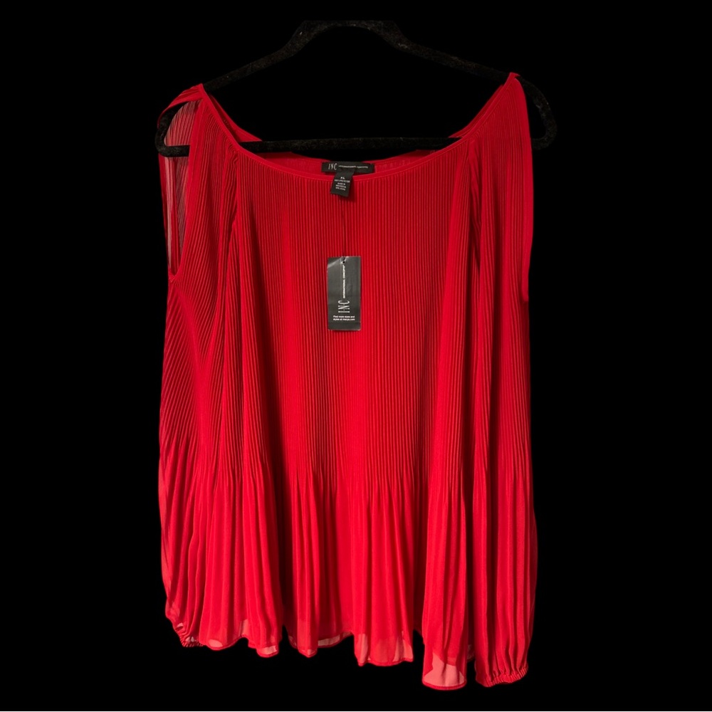 INC Red cold shoulder, pleated blouse. Size XL. - Picture 3 of 9